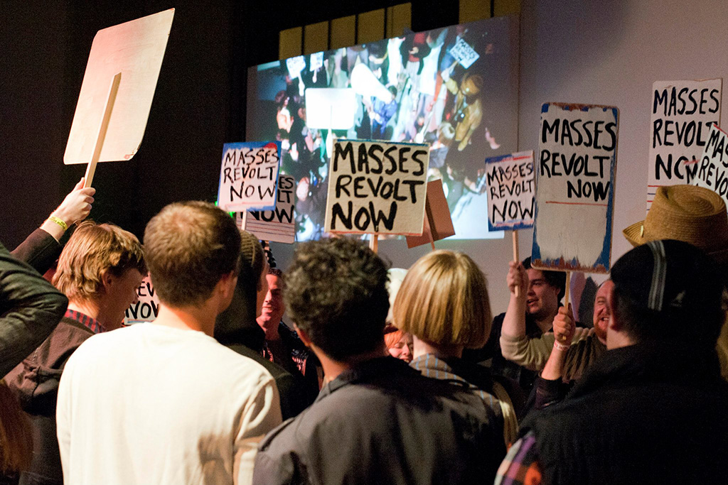 "Masses Revolt Now," performance at SomArts, San Francisco 2014.